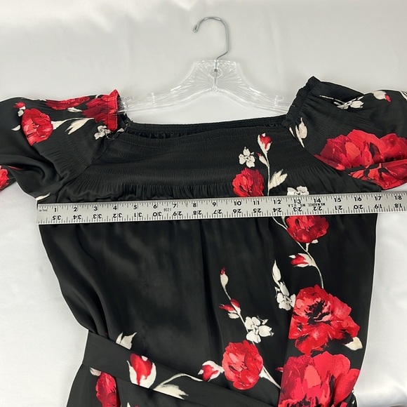 White House Black Market Black with Red Roses Tan Cream Belted Mini Dress, XXS - Picture 8 of 11